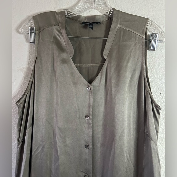 Eileen Fisher Gray Silk Charmeuse Button Down V-Neck Tunic Dress Size M Preppy - Picture 2 of 13